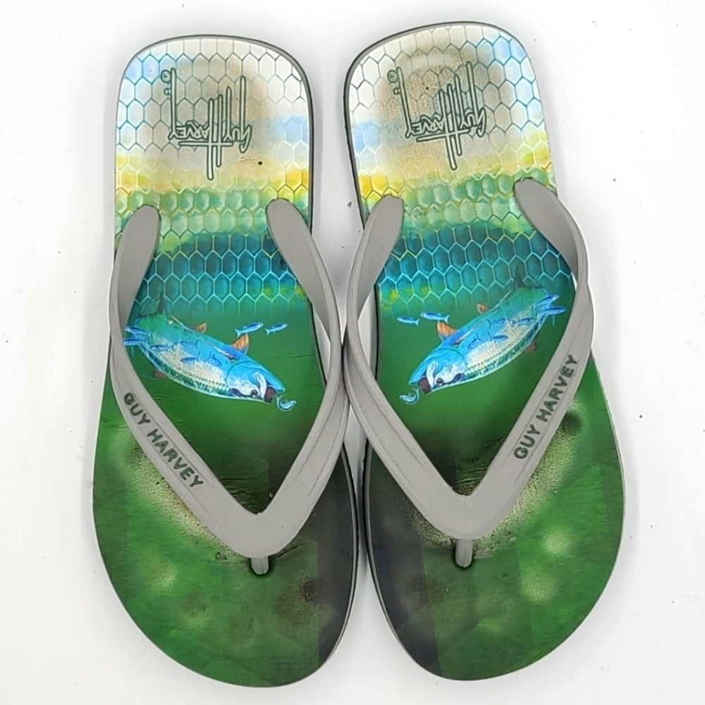Guy Harvey Flip Flop Thong Sandals Size 7/8R Green Fish - Picture 3 of 5